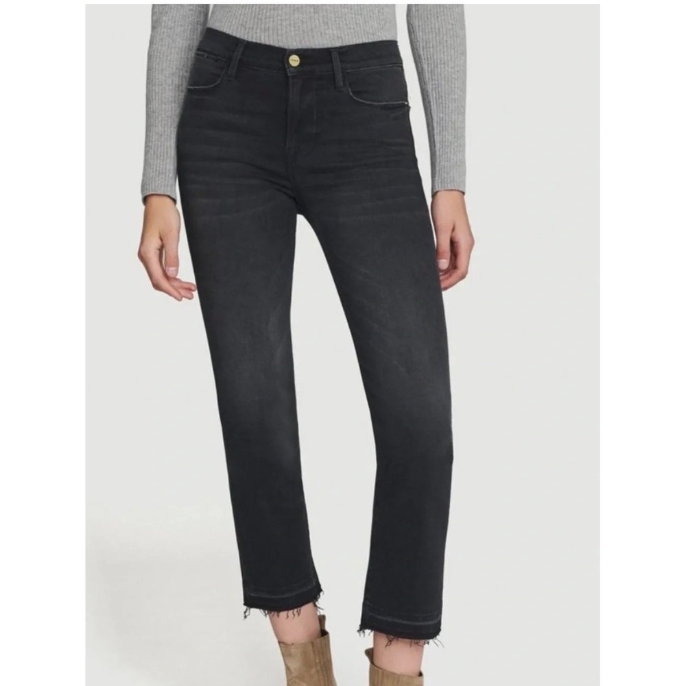 FRAME Le High Straight Raw Staggered Hem Jeans Washed Black Size 24